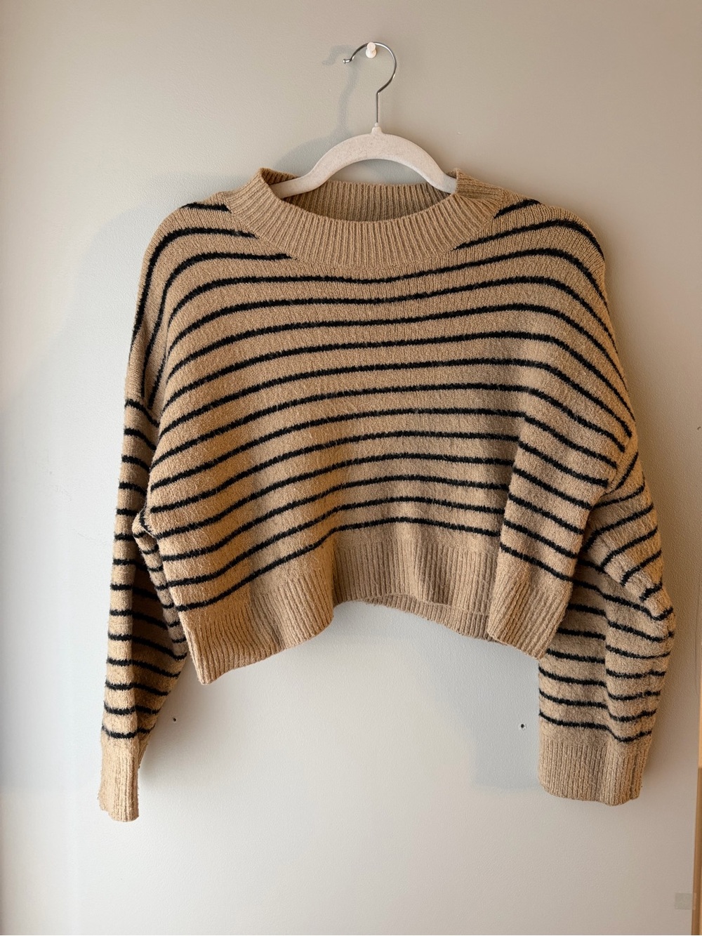 Cropped Beige and Black Striped Crewneck Sweater
